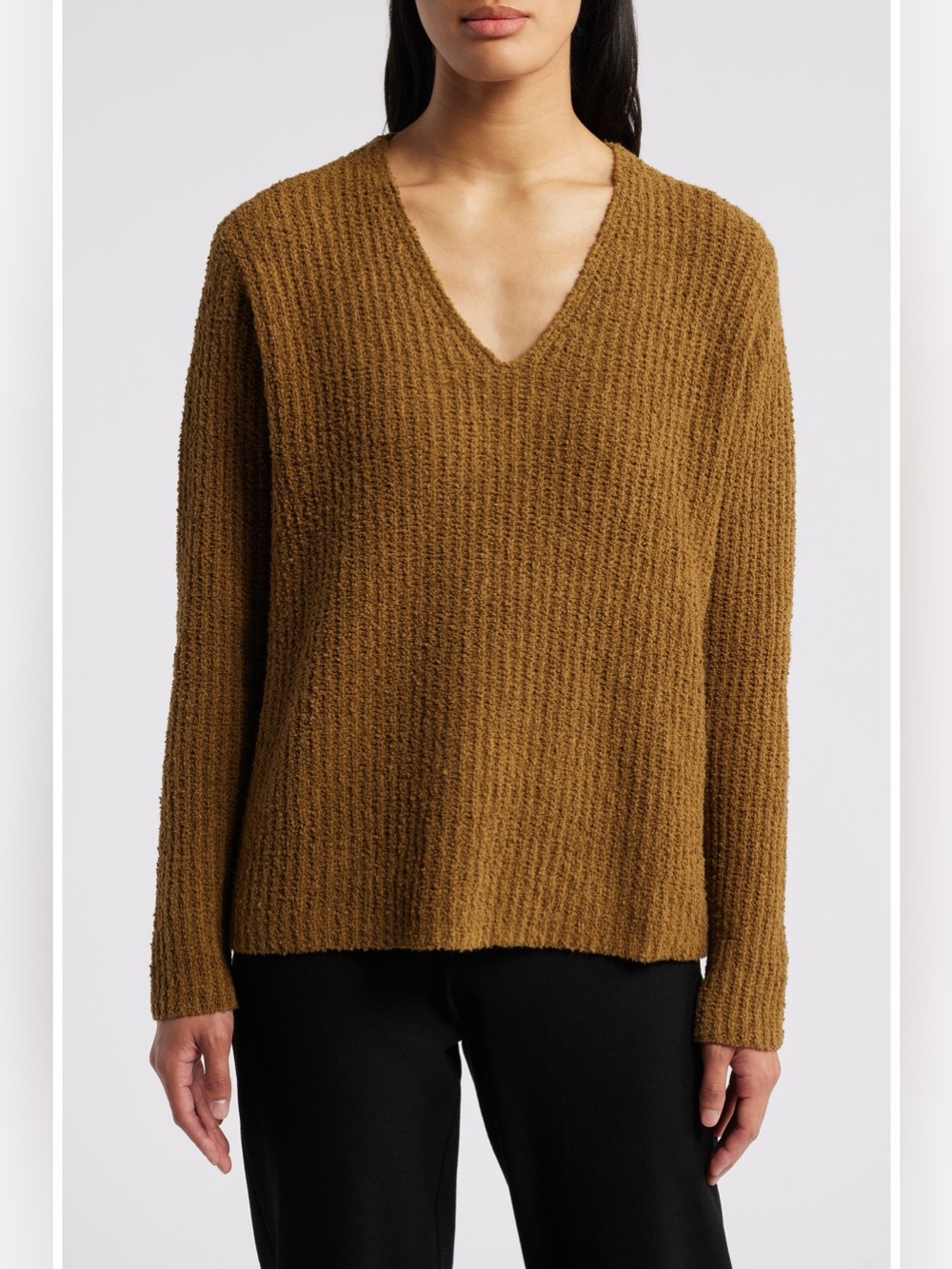 Eileen Fisher Cotton Cashmere V-Neck Oversized Chunky Ribbed Sweater XXS Brown